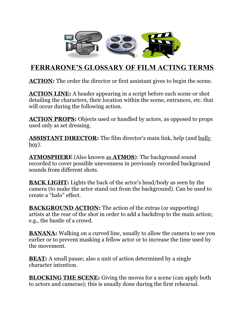 Ferrarone S Glossary of Film Acting Terms