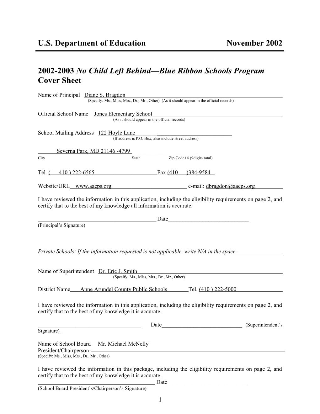 Jones Elementary School 2003 No Child Left Behind-Blue Ribbon School (Msword)