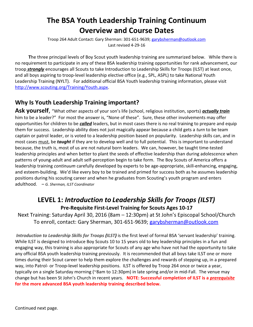 The BSA Youth Leadership Training Continuum