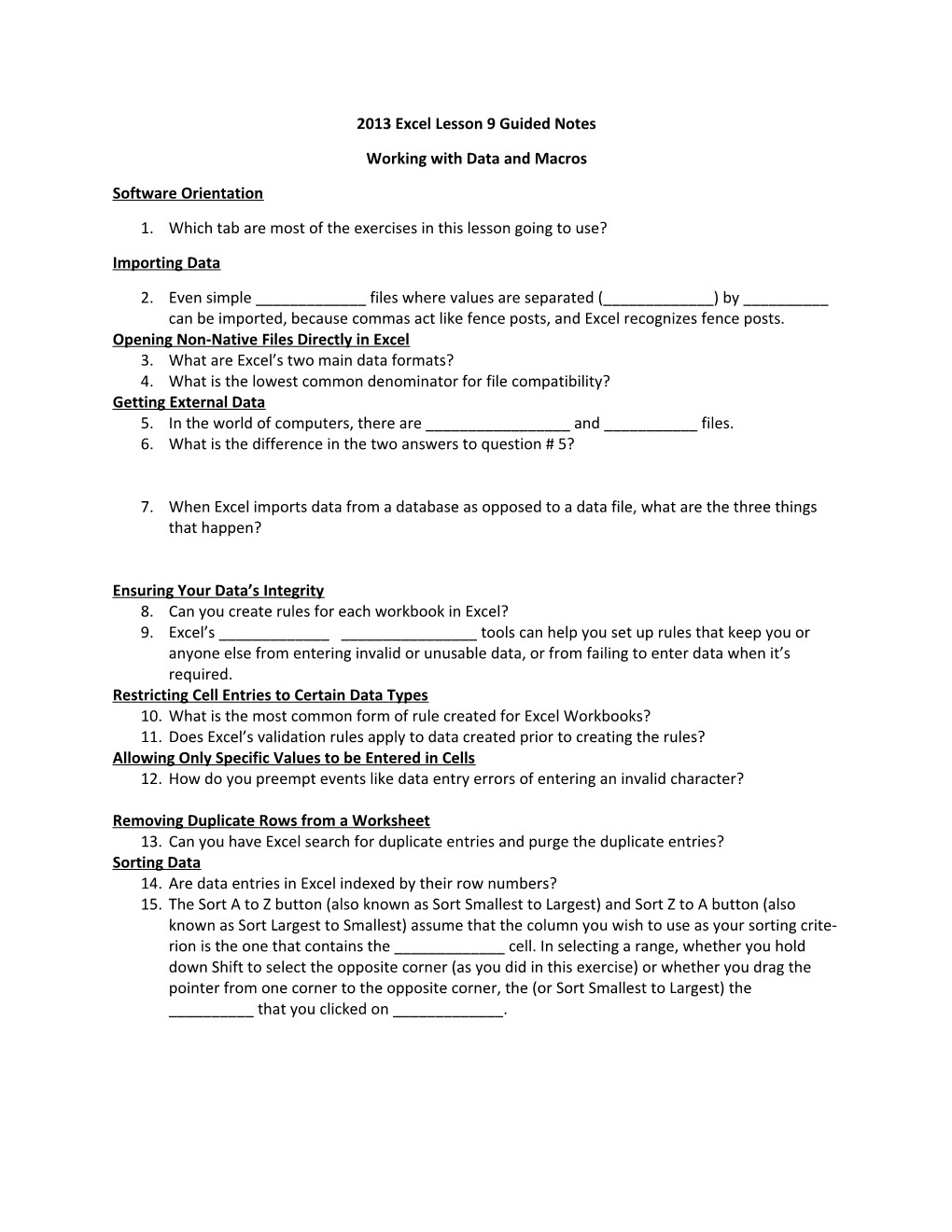 2013 Excel Lesson 9 Guided Notes