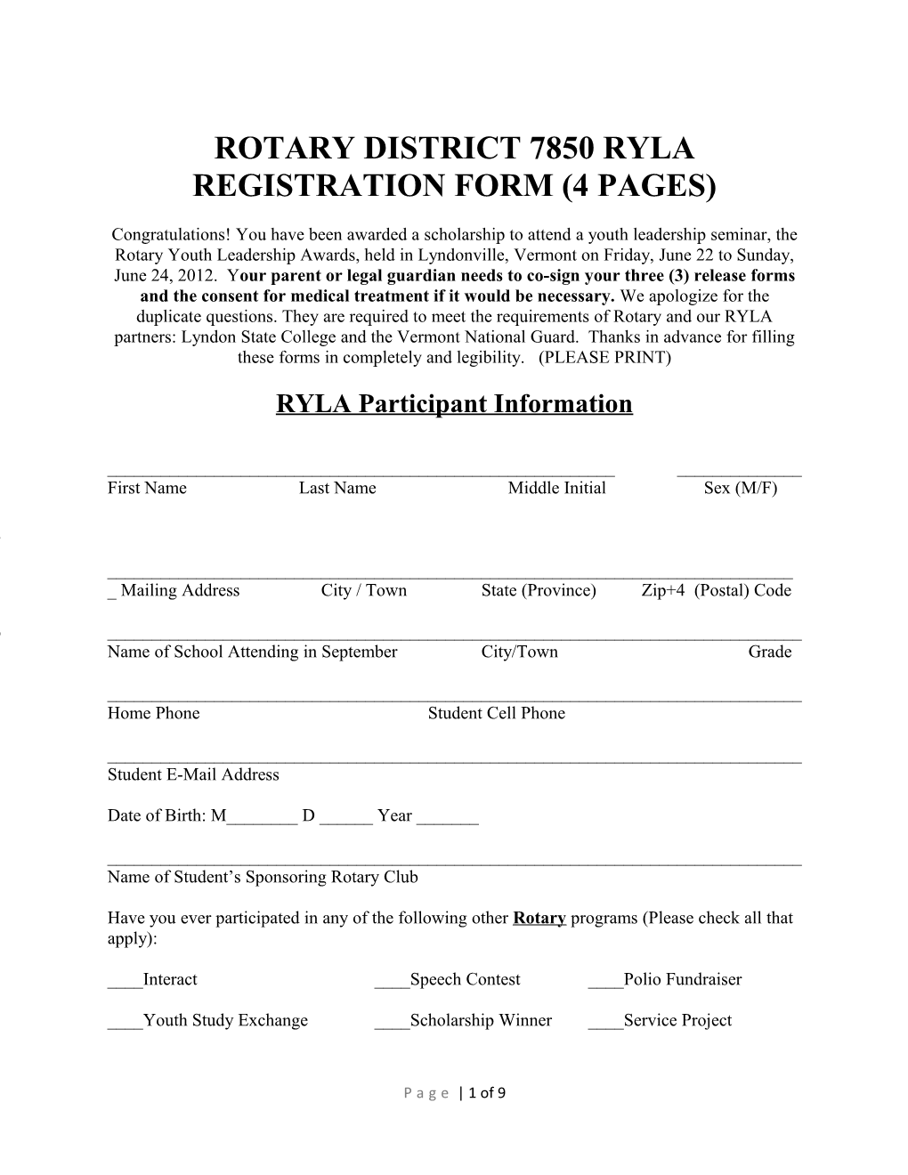 Rotary District 7850 Ryla Registration Form (4 Pages)