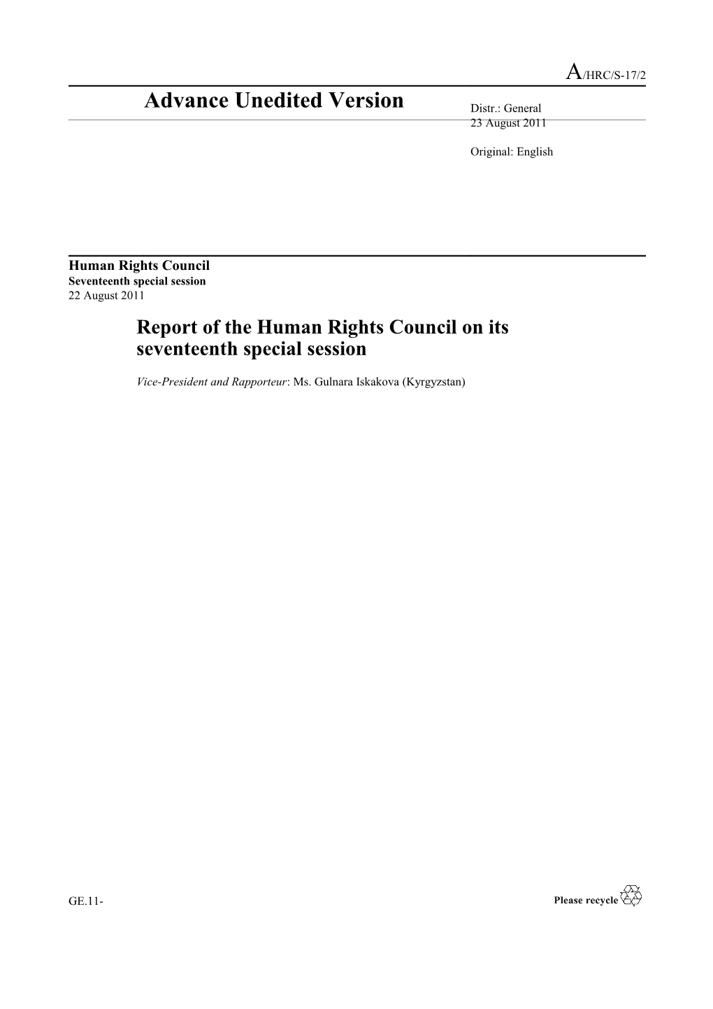 Report of the Human Rights Council on Its Seventeenth Special Session