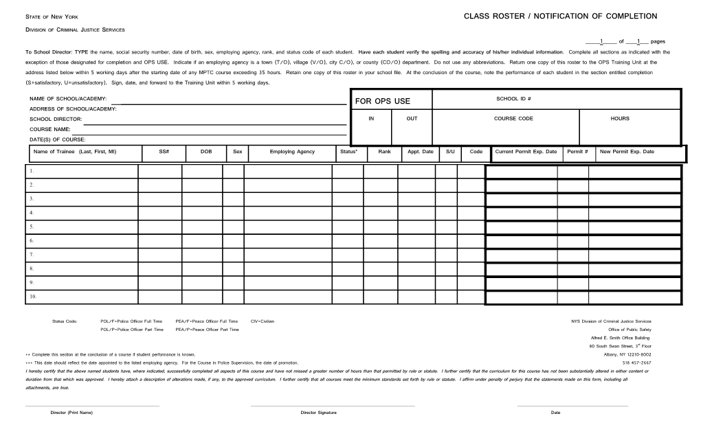 State of New York CLASS ROSTER / NOTIFICATION of COMPLETION