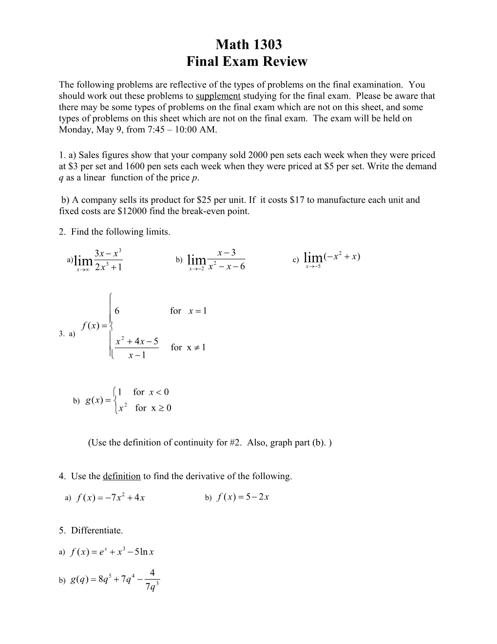 Math 1301-Business Calculus I