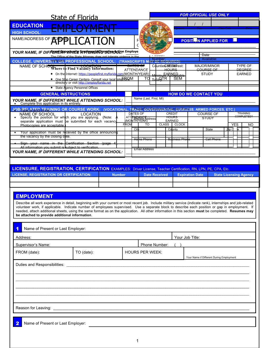 State of Florida Employment Application
