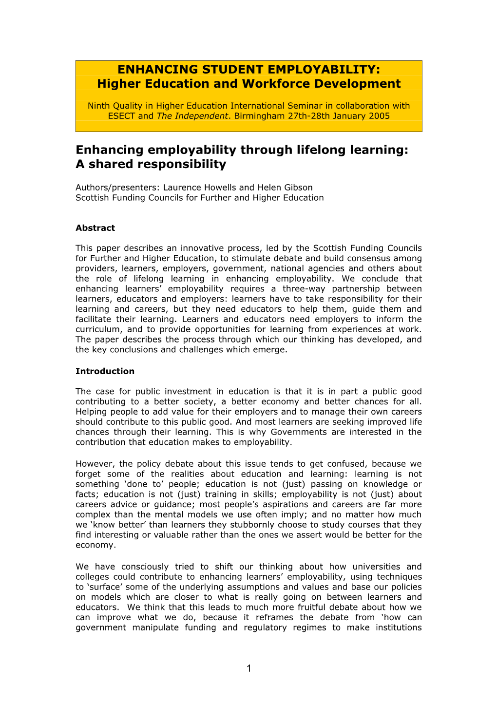 Parallel Paper for the 9Th Quality in HE International Seminar: Enhancing Student Employability