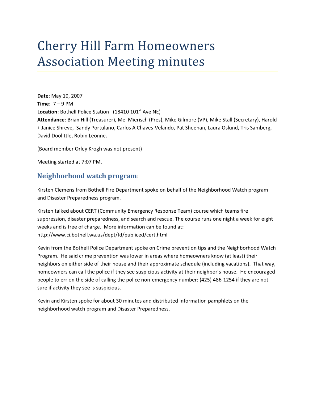 Cherry Hill Farm Homeowners Association Meeting Minutes