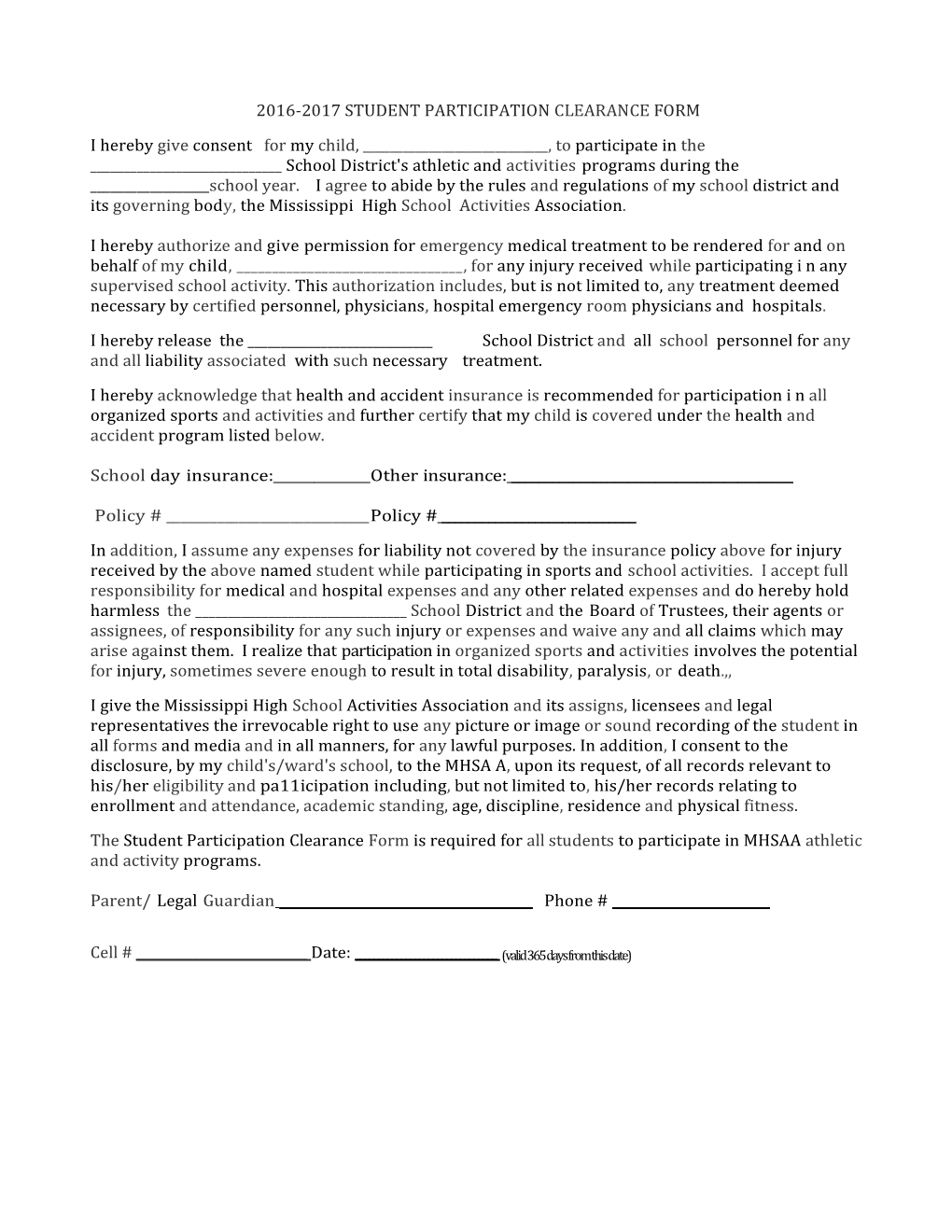 2016-2017 Student Participation Clearance Form