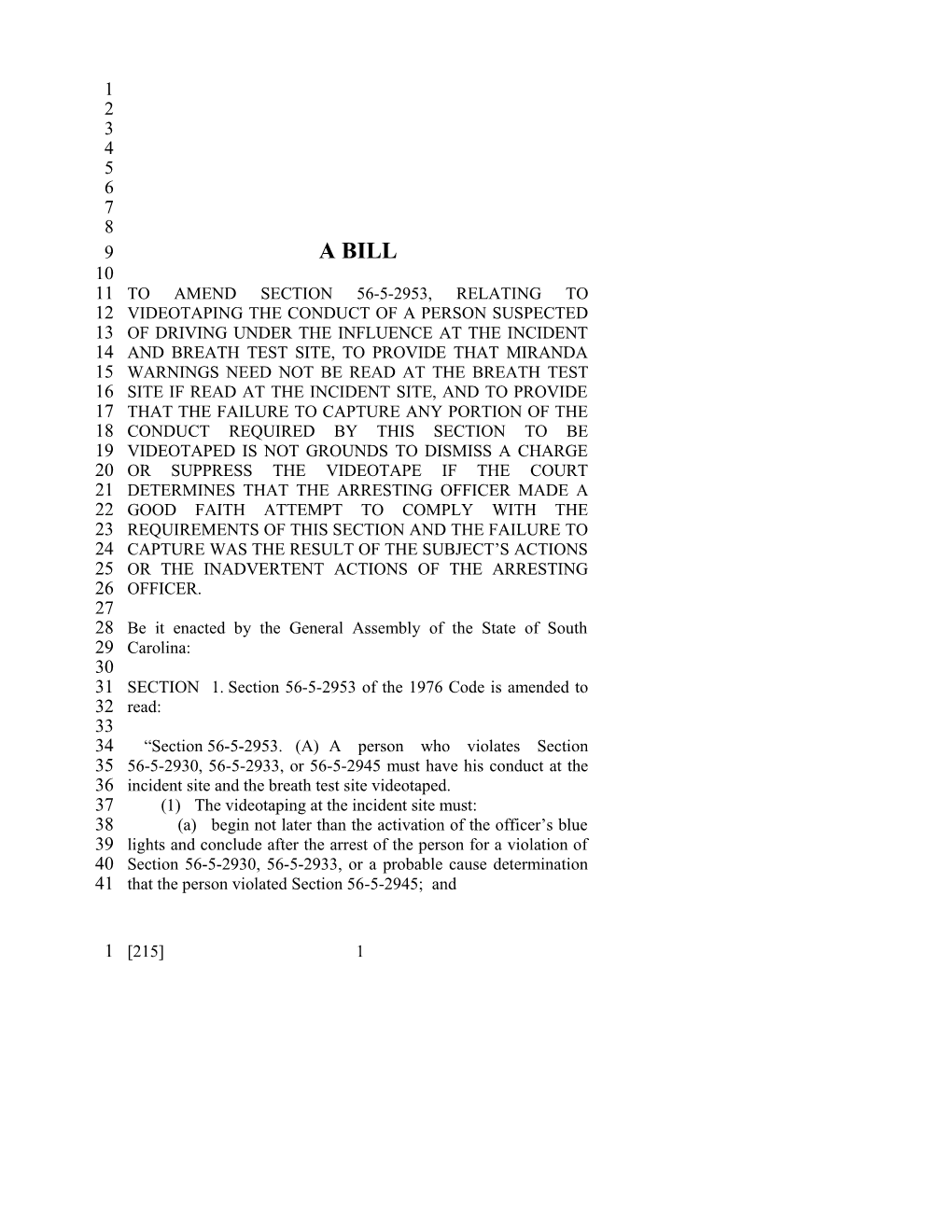 2007-2008 Bill 215: DUI - South Carolina Legislature Online