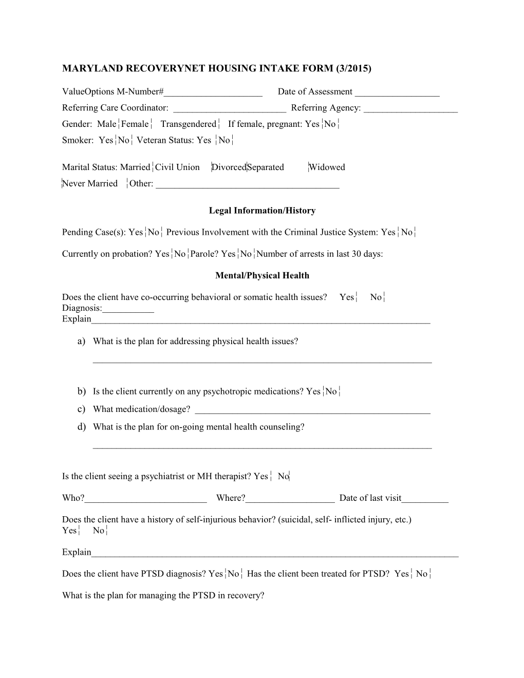 Maryland Recoverynet Housing Intake Form (3/2015)