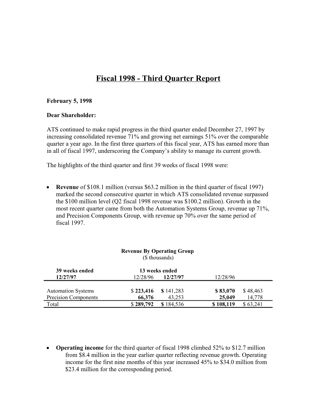 Fiscal 1998 - Third Quarter Report
