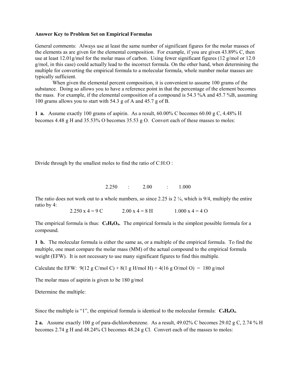 Answer Key to Problem Set on Empirical Formulas