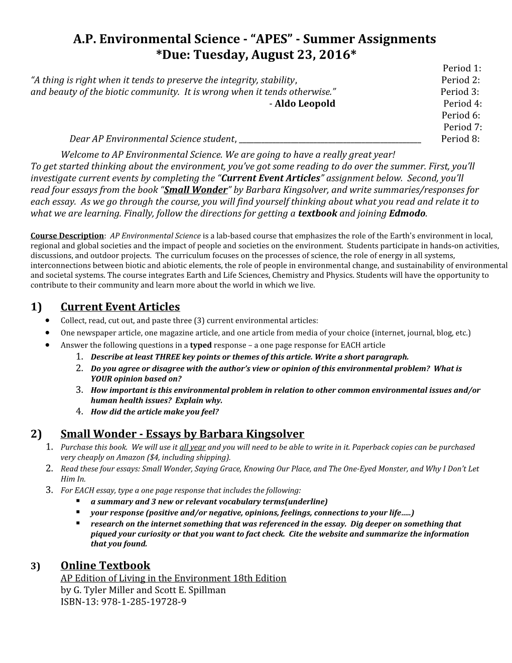 A.P. Environmental Science - APES - Summer Assignments