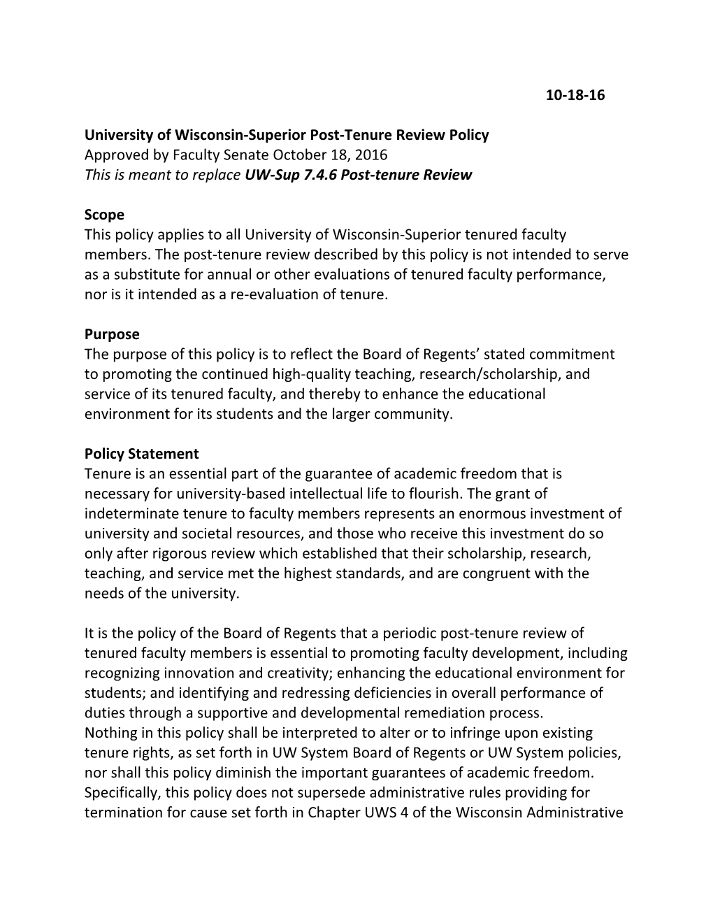 University of Wisconsin-Superior Post-Tenure Review Policy