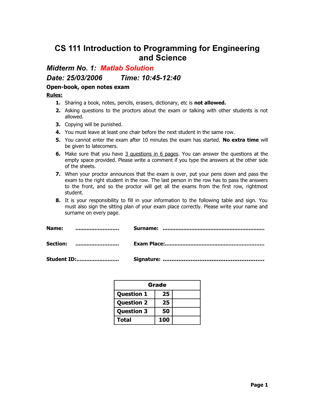 CS 111 Introduction to Programming for Engineering and Science