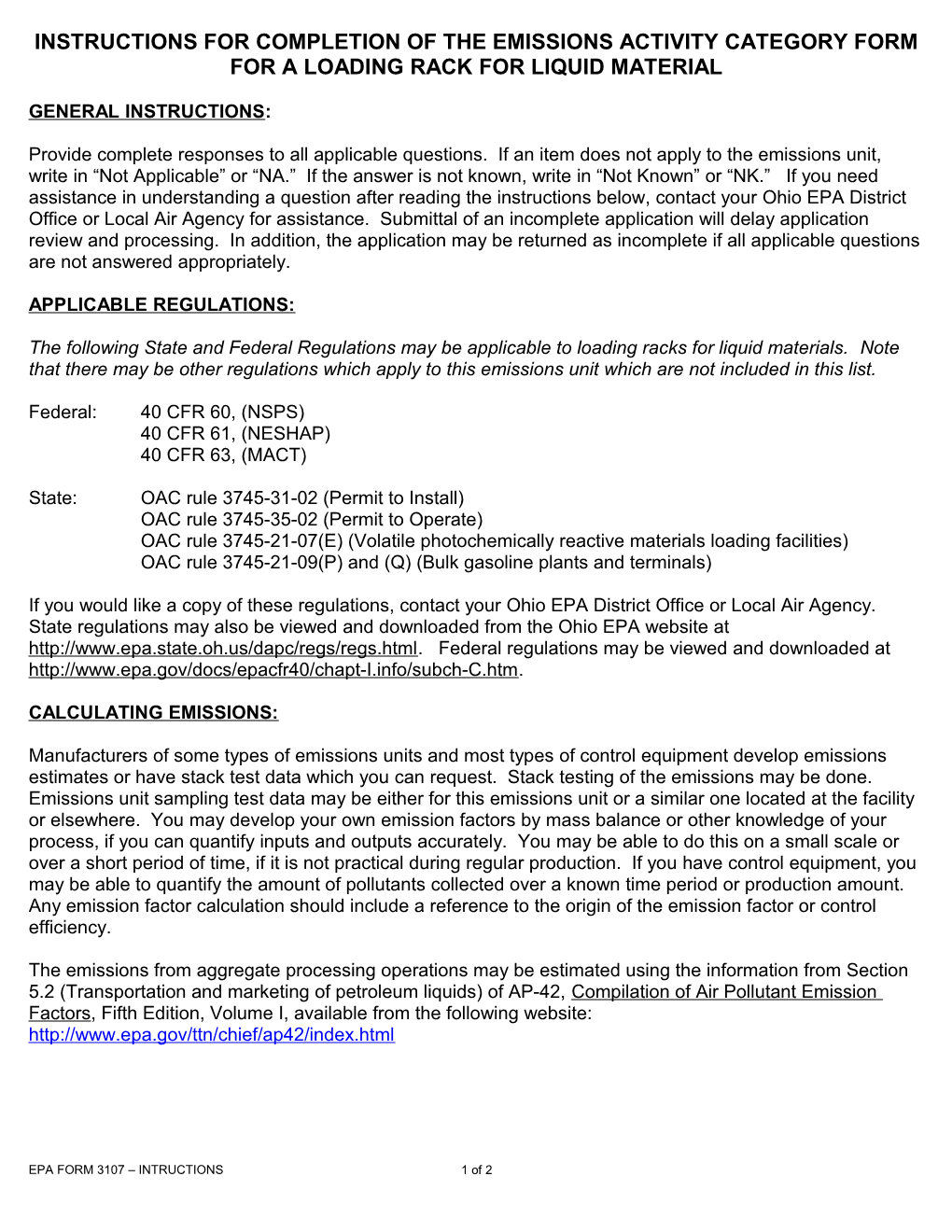 Instructions for Completion of the Emissions Activity Category Form for a Loading Rack