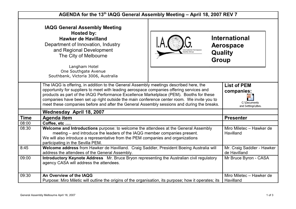 AGENDA for the 12Th IAQG Council Meeting 9Th and 10Th October 2002