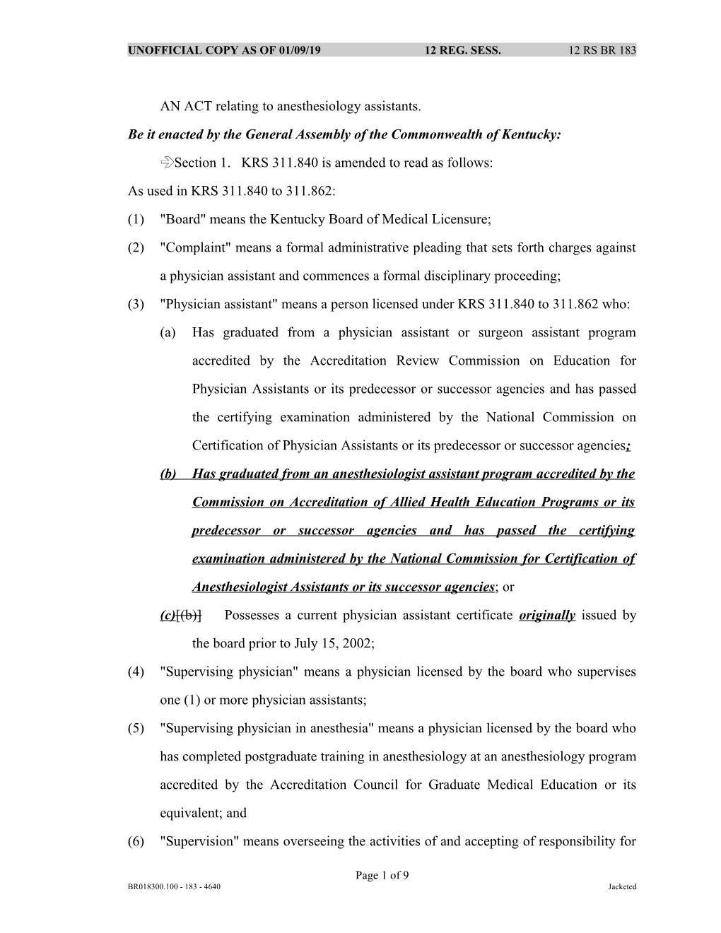 AN ACT Relating to Anesthesiology Assistants