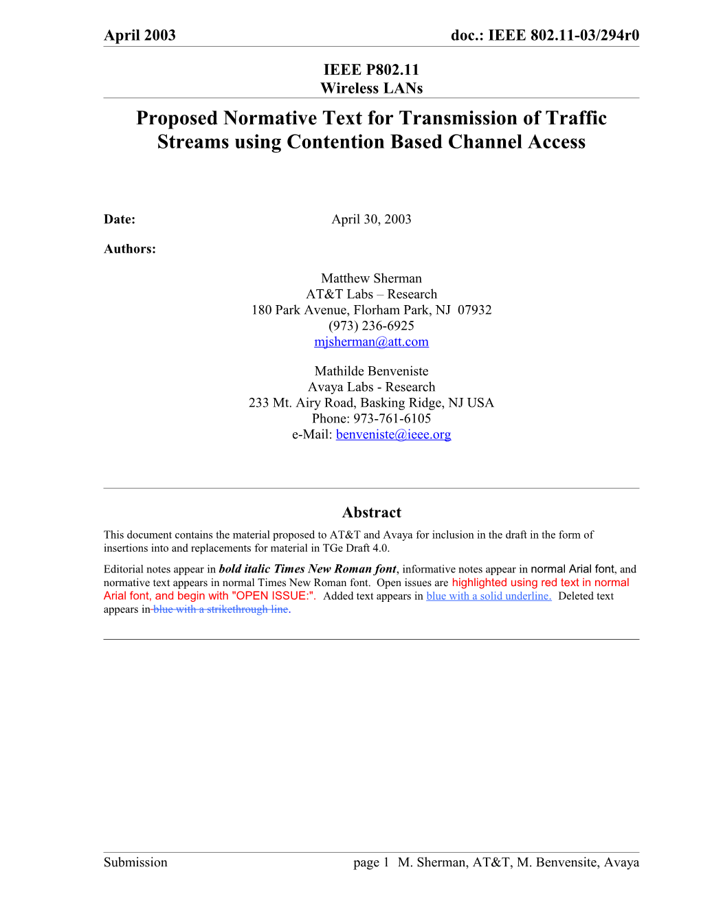 Proposed Normative Text for Transmission of Traffic Streams Using Contention Based Channel