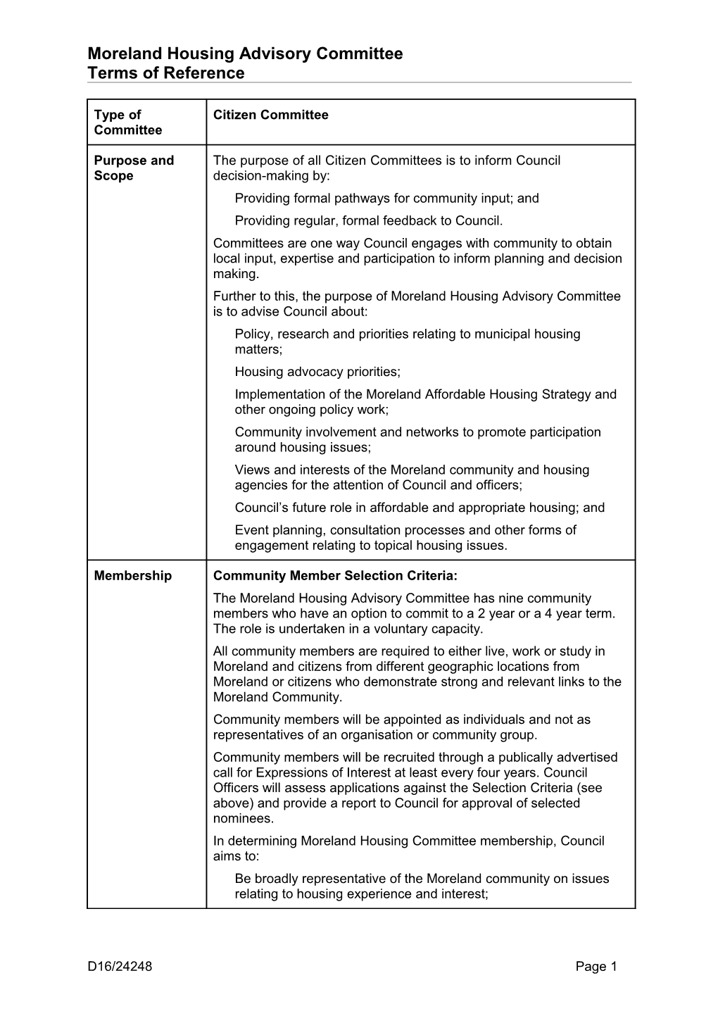 Moreland Housing Advisory Committee