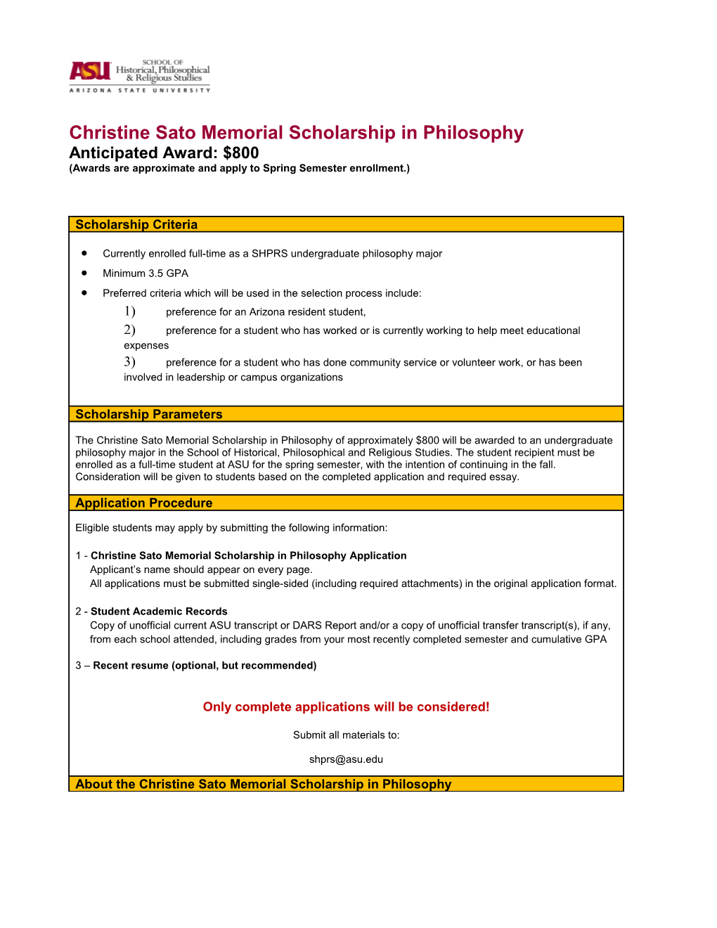 Christine Sato Memorial Scholarship in Philosophy