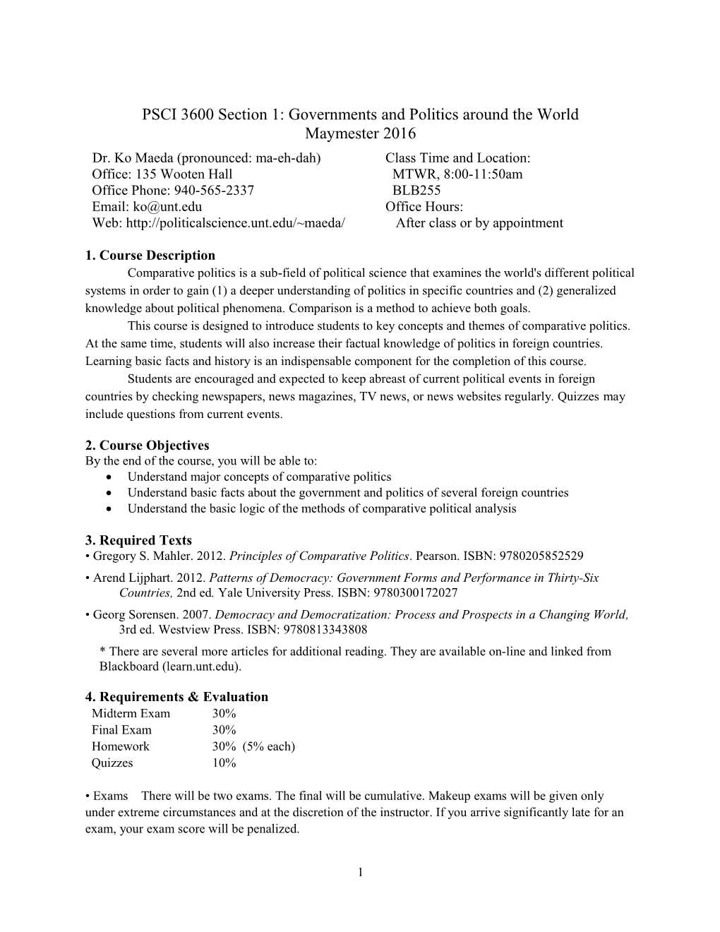 PSCI3600 Section 1:Governments and Politics Around the World