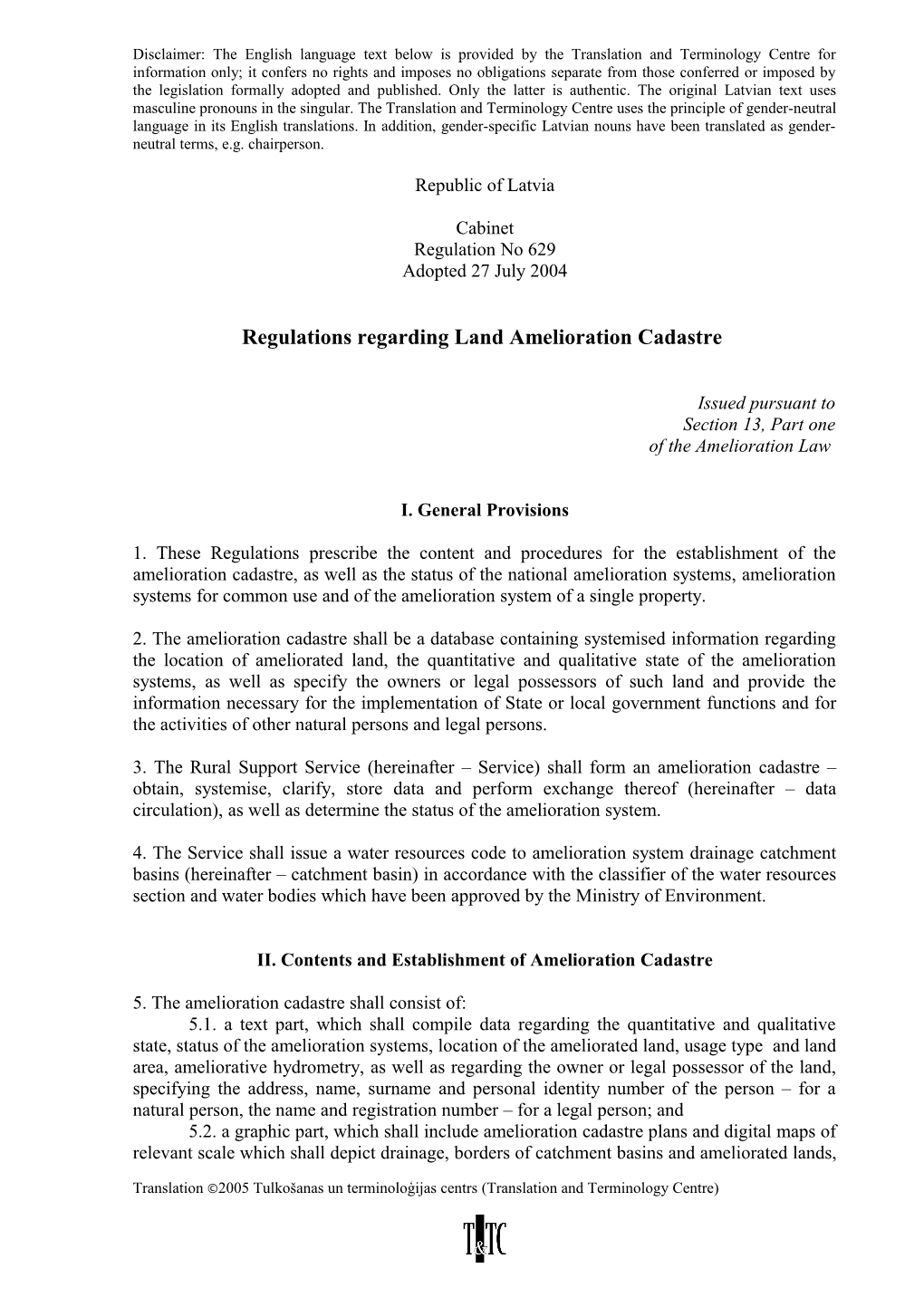 Regulations Regarding Land Amelioration Cadastre