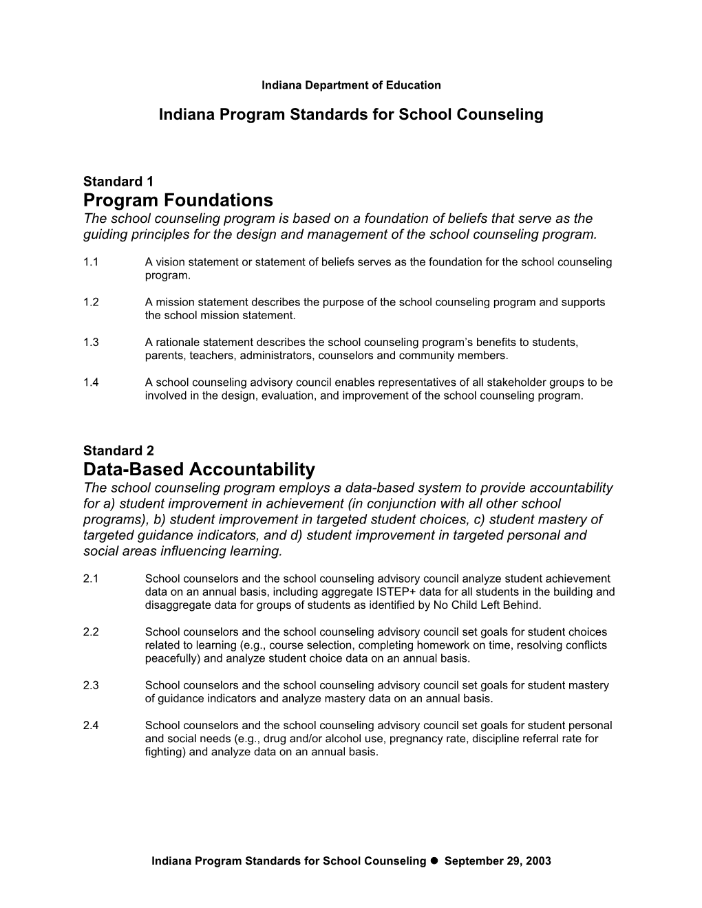 Indiana School Counseling Program Standards