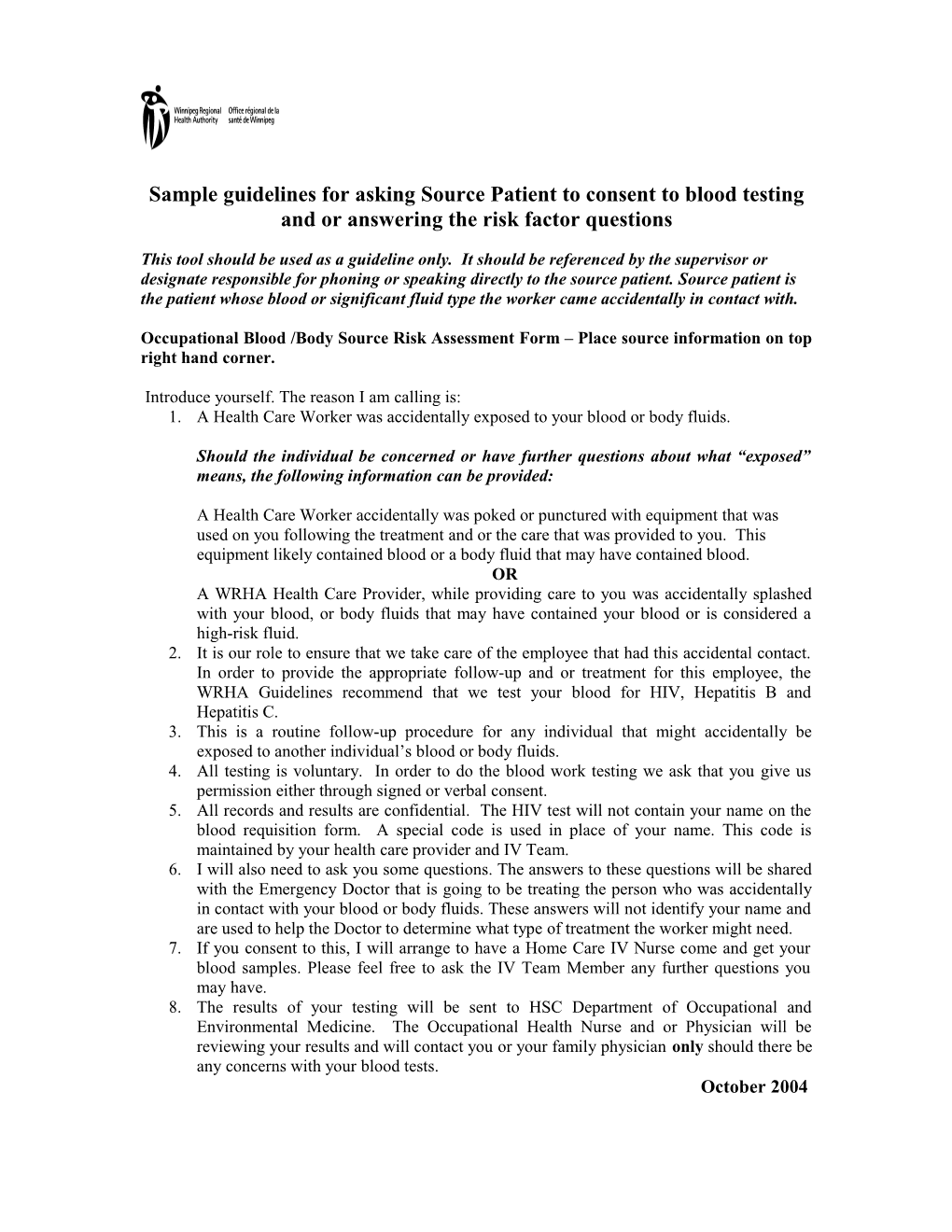 Sample Guidelines for Asking Source Patient to Consent to Blood Testing and Or Answering