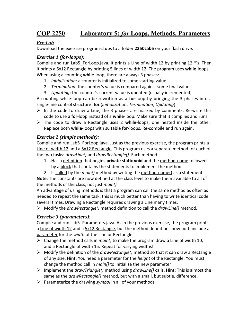 COP 2250Laboratory 5:Forloops, Methods, Parameters