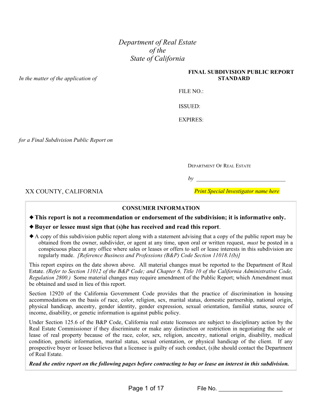 Standard Subdivision Public Report Template