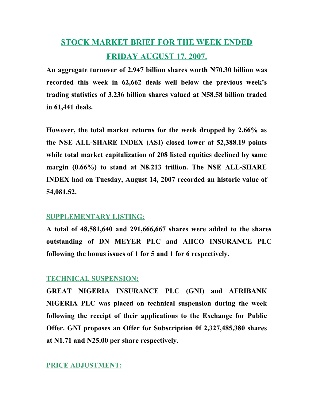 Stock Market Brief for the Week Ended Friday August 17, 2007