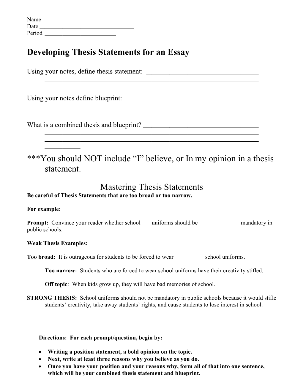Developing Thesis Statements for a Persuasive Essay