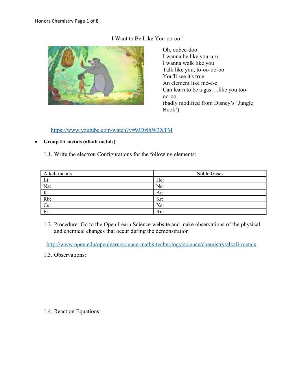 Honors Chemistry Page 1 of 8