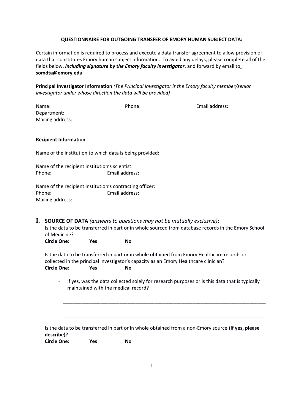 Questionnaire for Outgoing Transfer of Emory Human Subject Data