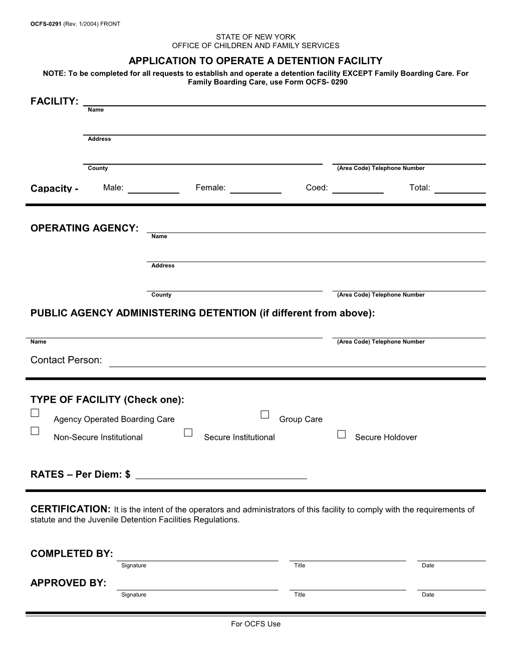 OCFS- 0291 Application to Operate a Detention Facility
