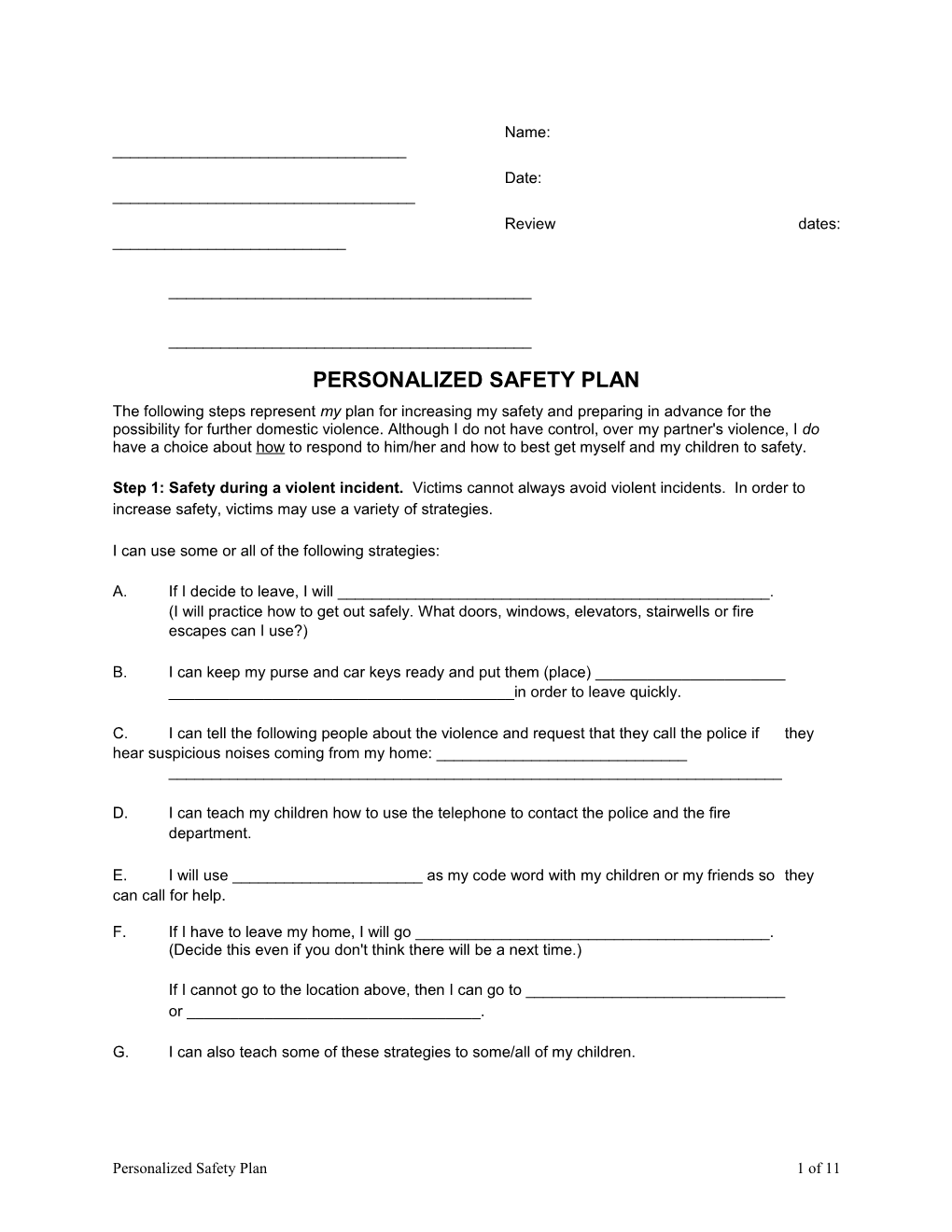 Personalized Safety Plan Sample