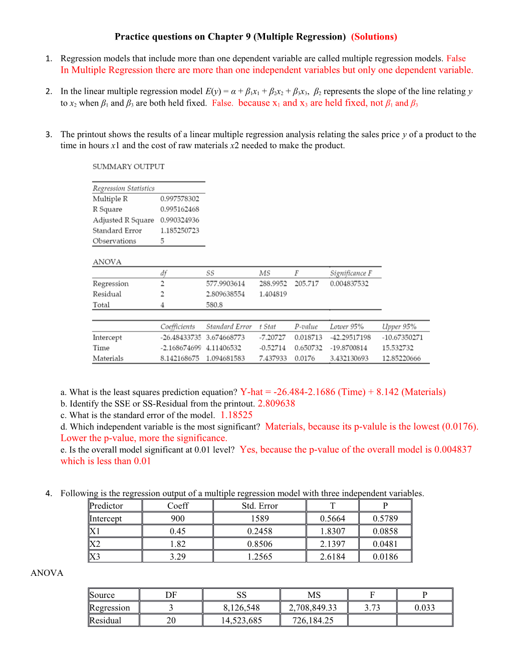 Practice Questions on Chapter 9 (Multiple Regression) (Solutions)