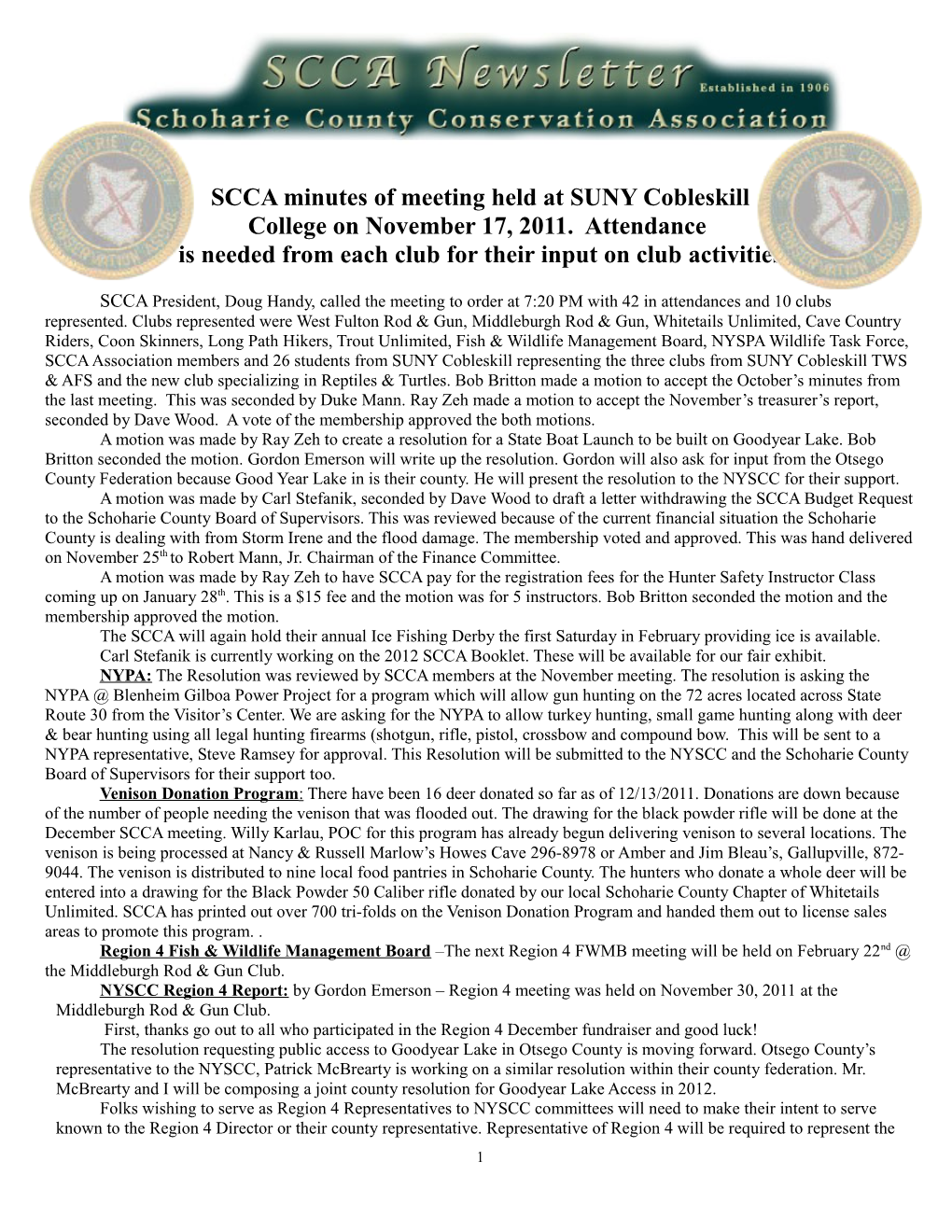 SCCA Minutes of Meeting Held at SUNY Cobleskill