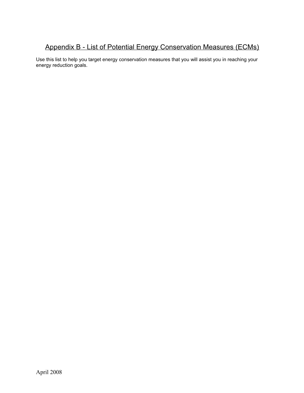 Appendix B - List of Potential Energy Conservation Measures (Ecms)
