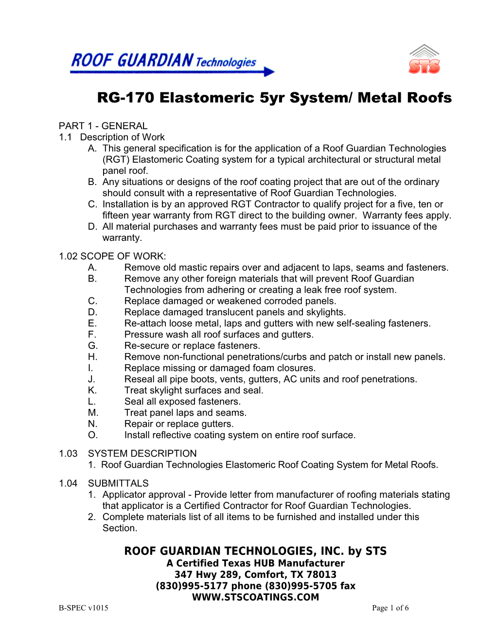 RG-170 Elastomeric 5Yr System/ Metal Roofs