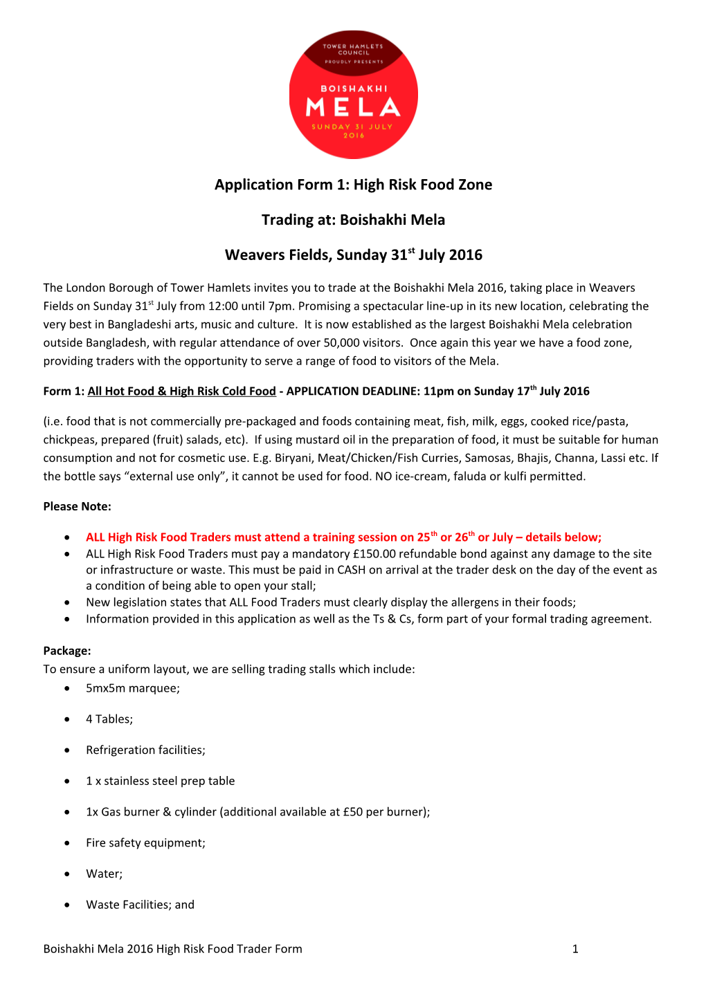 Application Form 1: High Risk Food Zone