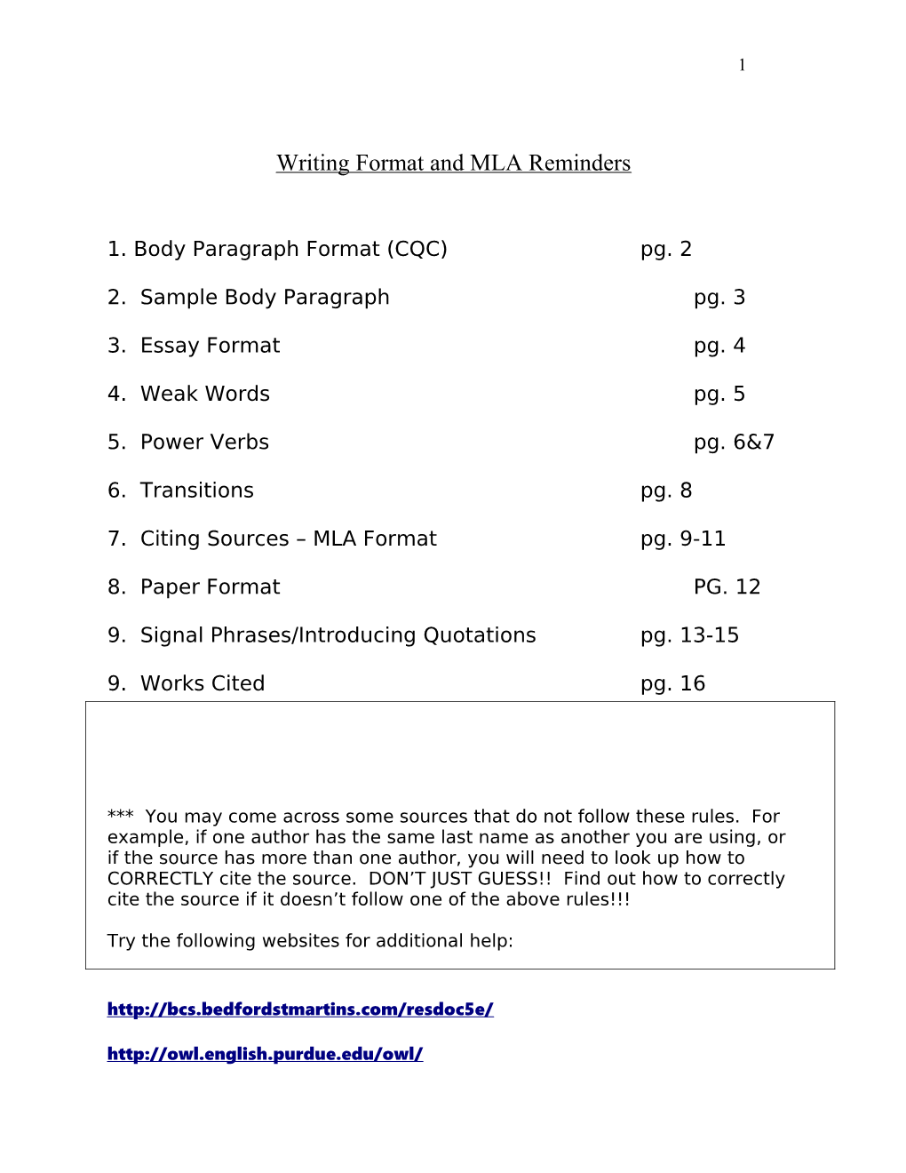 Writing Format and MLA Reminders