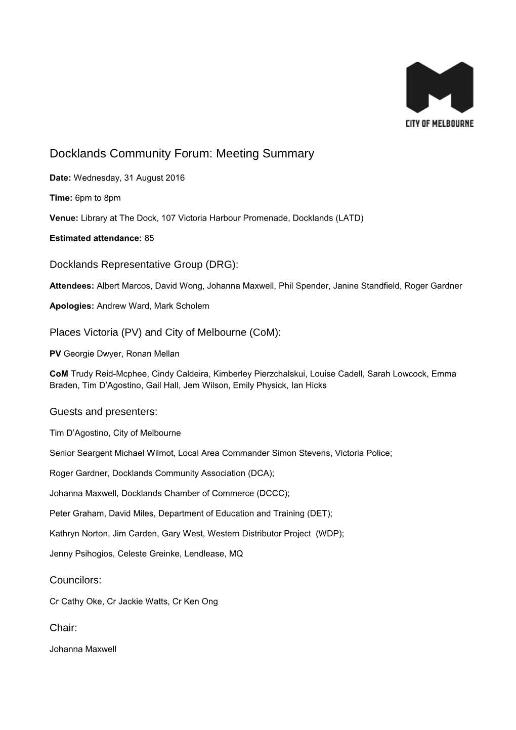 Docklands Community Forum: Meeting Summary 31 August 2016