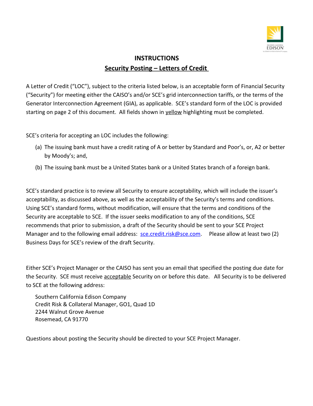 Letter of Credit - SCE