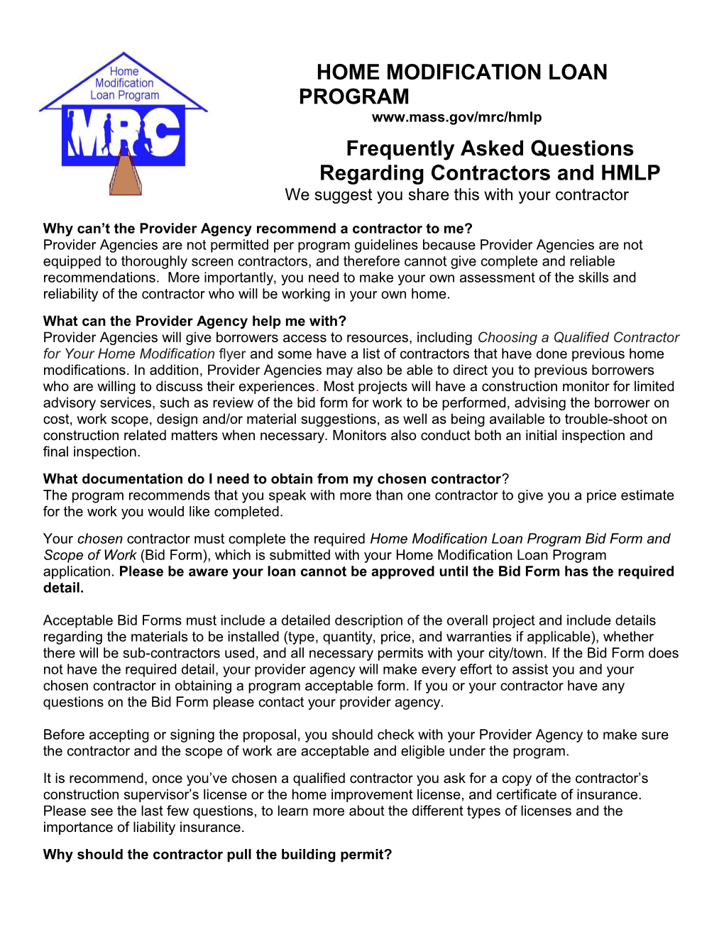 Frequently Asked Questions Regarding the Contractor Borrower Relationship