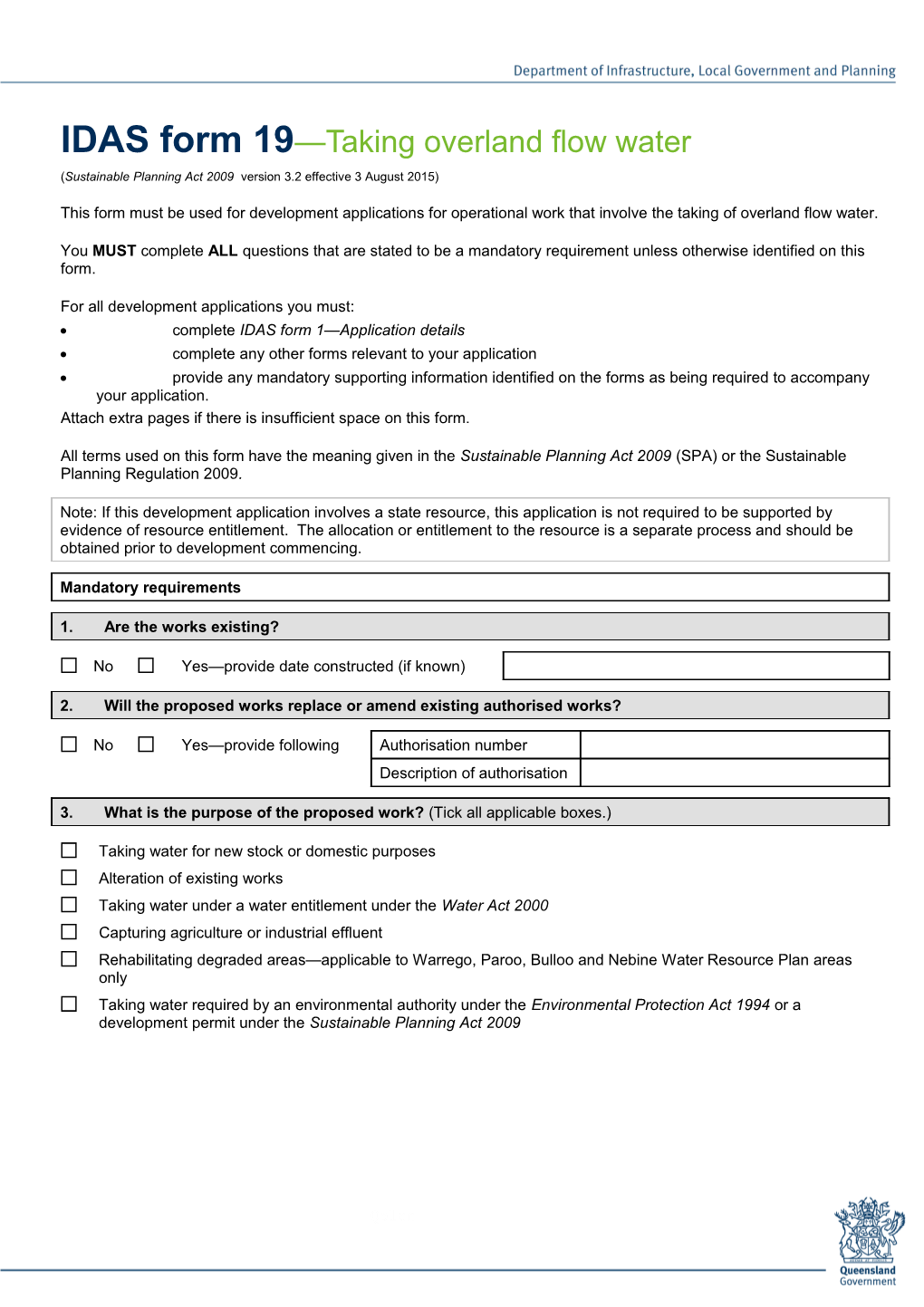 IDAS Form 19 - Taking Overland Flow Water