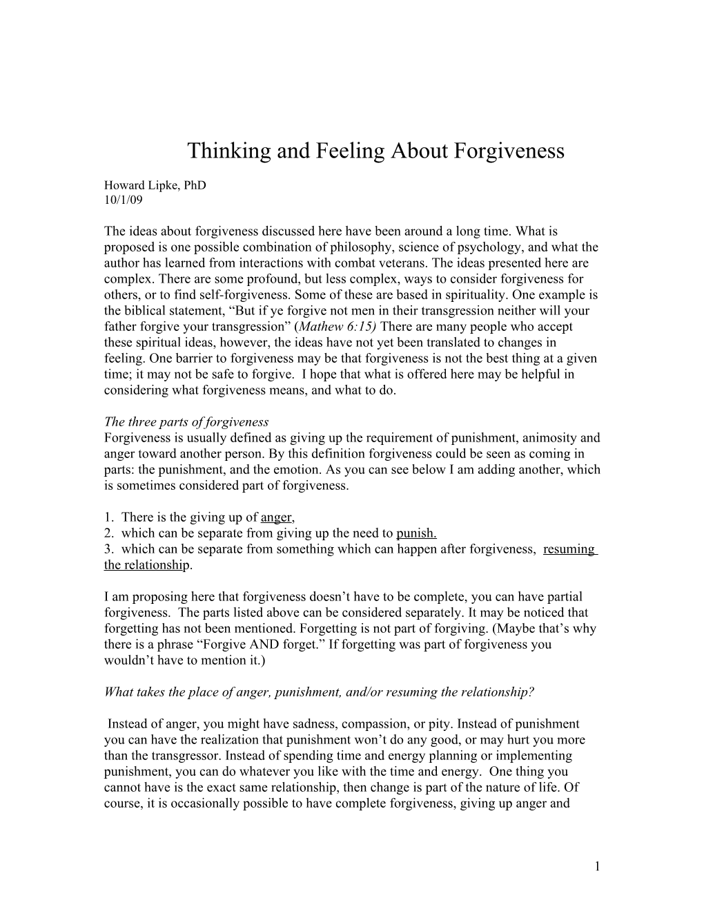 Thinking and Feeling About Forgiveness