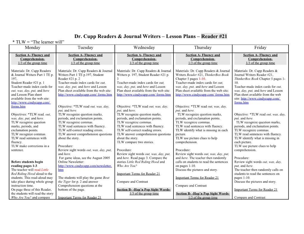 Dr. Cupp Readers & Journal Writers Lesson Plans Reader #21