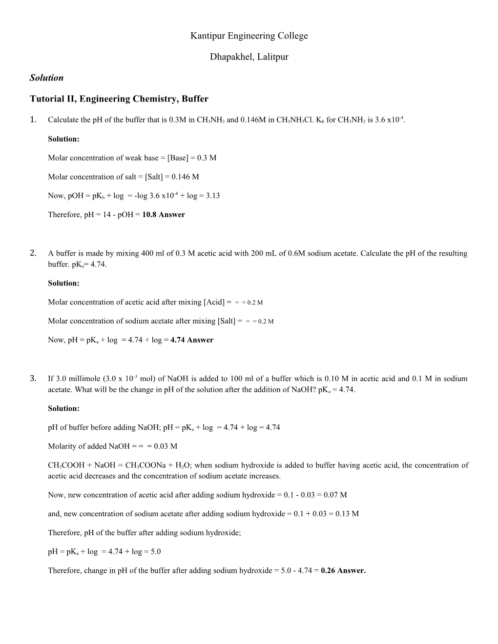 Tutorial II, Engineering Chemistry, Buffer